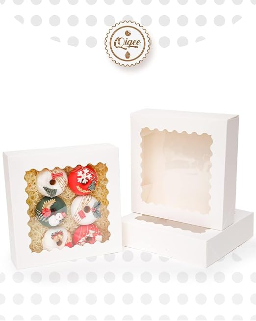 qiqee Auto-pop Up 30pcs Pie Box With Window 9x9x2.5 Inch Donut Pastry Boxes White Bakery Box