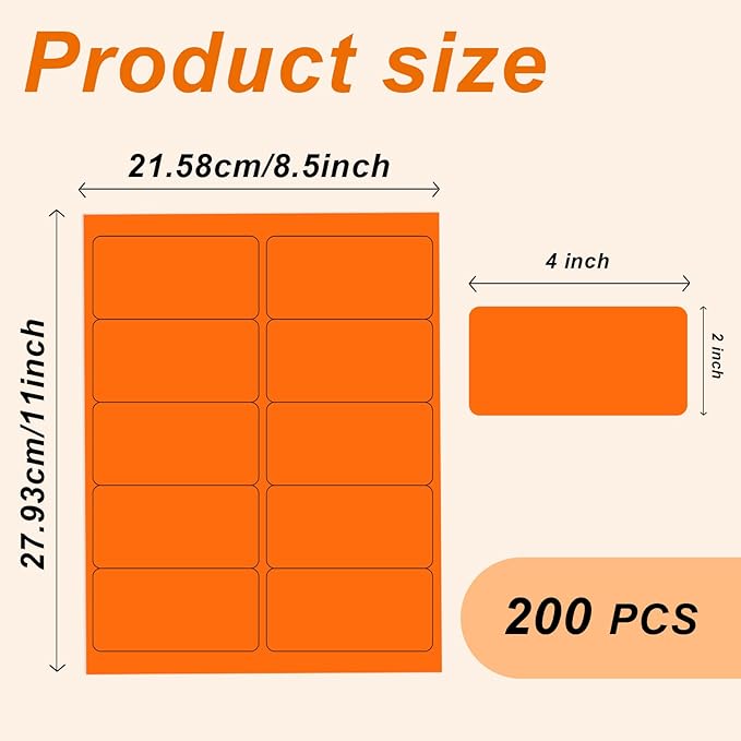 2" x 4" Colored Address Labels, 200 Bright Orange Label Stickers- Laser/Ink Jet Printer Mailing Labels, 8.5"x11" 20 per Sheet