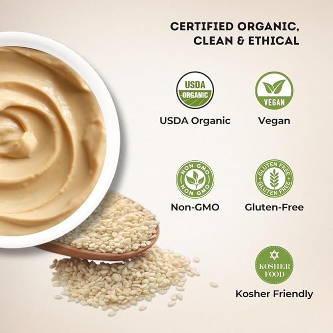 Organic Tahini Paste 16 oz (1lb) - Smooth Tahini Organic from Hulled Sesame Seeds - USDA Certified, Kosher, Gluten Free - Creamy Tahini Sauce & Sesame Paste for Cooking - The Holly Tree