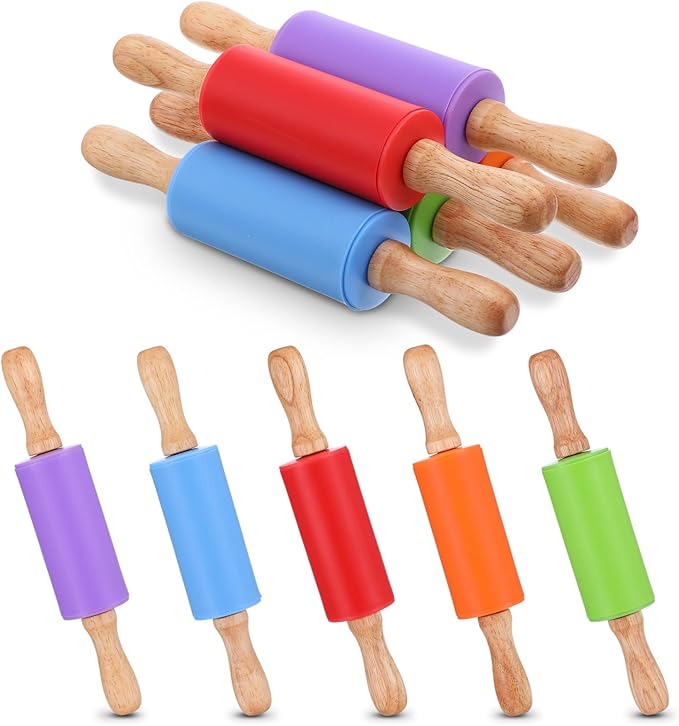 10 Pcs 9 Inch Mini Rolling Pin for Kids, Silicone Wooden Non-Stick Cooking Pins Baking, 5 Colors for Kitchen Dough Cookie Pastry Fondant Cake