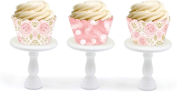 Andaz Press Party Cupcake Wrapper Decorations, Pink Roses and Bokeh Pink Glitter, 24-Pack, Girls Baby Shower 1st Birthday Theme Colored Bulk Cake Supplies