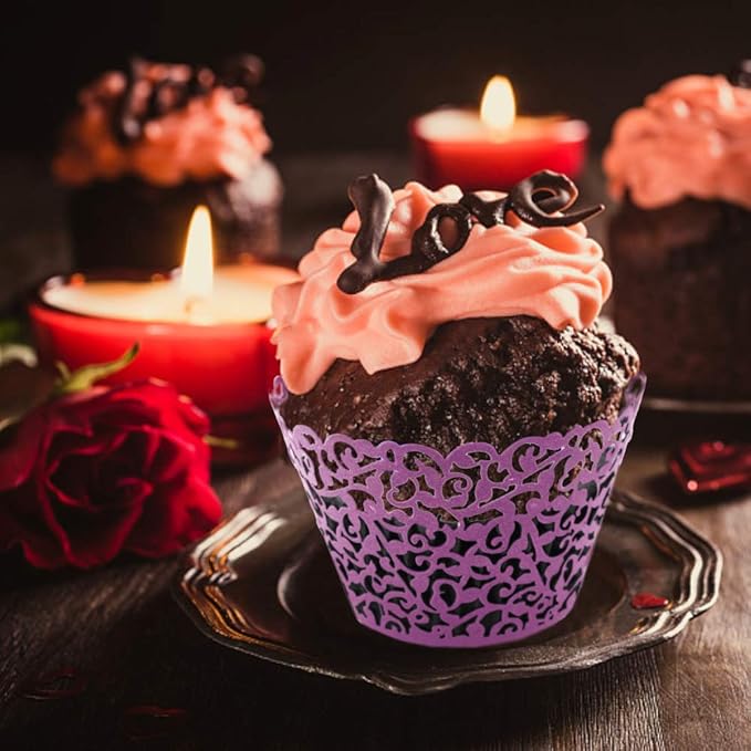 GOLF 100Pcs Cupcake Wrappers Artistic Bake Cake Paper Filigree Little Vine Lace Laser Cut Liner Baking Cup Wraps Muffin CaseTrays for Wedding Party Birthday Decoration (Purple)