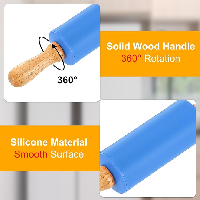 uxcell 4 Inch Silicone Rolling Pin, Small Dough Roller with Wood Handle for Pizza Pastry Fondant Kitchen, Blue