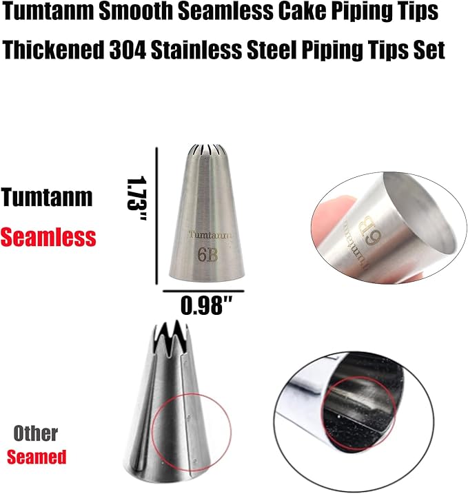 Piping Tips, 6B 3Pcs Large Icing Piping Tips Stainless Steel Seamless Set for Cupcakes Cake Decoration and Baker