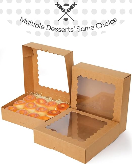 qiqee Auto-pop Up Brown Pie Boxes with Window 10x10x2.5 inch 20Packs Cookie Donut Bakery Box