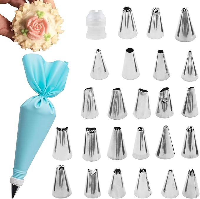 Hendiy Piping Tips, 26 Pieces Frosting Piping Kit Stainless Steel Icing Tips, Pastry Tips for Cake Decorating with Reusable Piping bag and Coupler