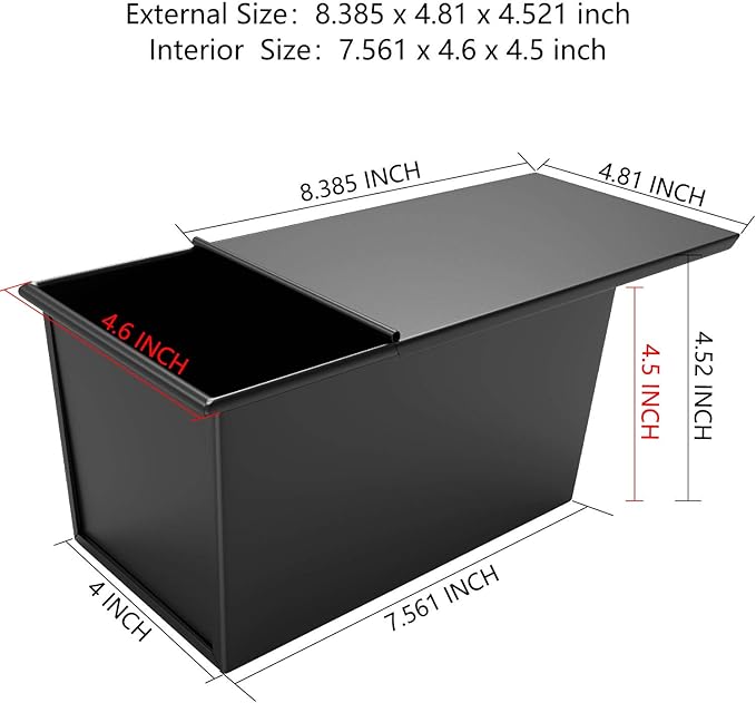 CHEFMADE Pullman Loaf Pan with Lid, 1Lb Dough Capacity Non-Stick Rectangle Flat Bread Pan, Carbon Steel Bakeware Toast Mold with Cover for Baking Bread - Black