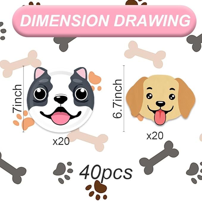 40pcs Dog birthday Party Decoration,include 20pcs 7inch dessert plate, 20 Napkin,Used for Dog birthday Party Supplies (multicolor 2)