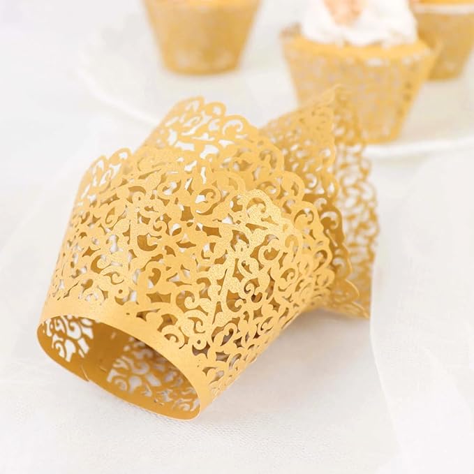 100pcs Yellow-Gold Cupcake Wrappers Artistic Bake Cake Paper Cups Little Vine Lace Laser Cut Liner Baking Cup Muffin Case Trays for Wedding Party Birthday Decoration (Gold)