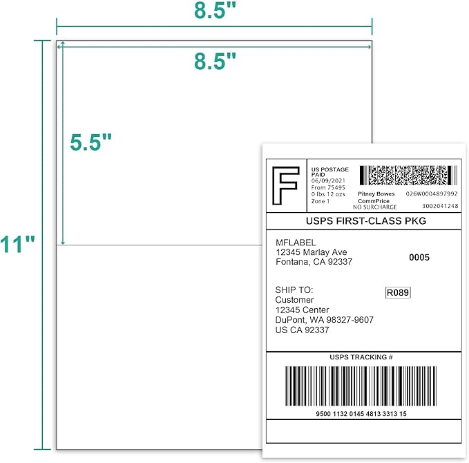 MFLABEL Half Sheet Shipping Label 8.5 x 11 Inches Packaging Label, Address Labels for Laser & Inkjet Printers, 3200 Count(1600 Sheets)