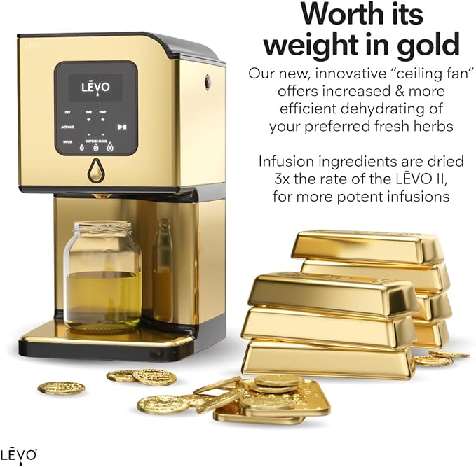 LEVO Lux - Premium Herbal Oil Infusion Machine - Botanical Extractor - Herb Dryer, Decarboxylator, & Oil Infuser - Gourmet Edible Infusion Maker - For Infused Gummies, Brownies & More - Gold