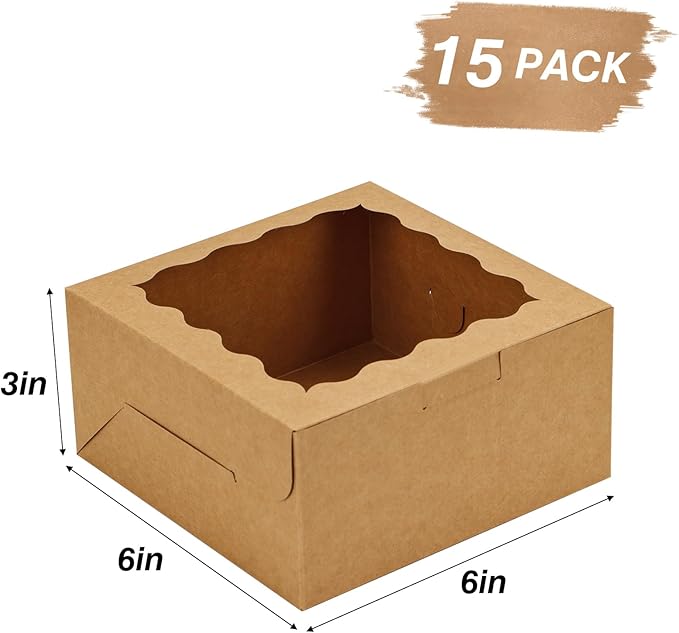 Moretoes 15pcs Cookie Boxes with Window, 6x6x3in Brown Bakery Boxes for Treats, Small Cake, Desserts, Donuts, Pastry