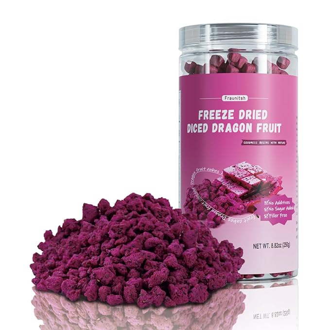 Fraunitsh Freeze-Dried Dragon Fruit, 8.82oz (250g), Natural Pink Pitaya Dragon Fruit Cubes Snack, No Sugar Added, Dragonfruit Bits for Smoothie Bowls, Yogurt Toppings, Desserts & Healthy Eating