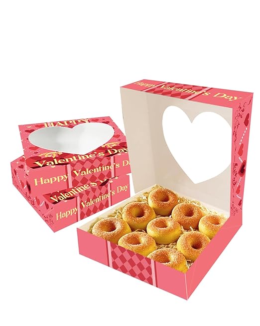 qiqee Auto-pop Up Valentine 30pcs Pie Boxes 10x10x2.5 inches Easy Assemble Macaroon Cookie Bakery Boxes with Window for Valentine's Day