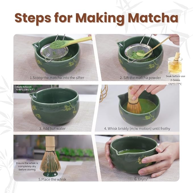 Matcha Whisk Set, Complete 8 Pcs Matcha Kit for Japanese Tea Ceremony, Ceramic Bowl with Spout, Bamboo Whisk, Spoon, Scoop, Sifter, Christmas Gift for Beginners and Matcha Lovers(Green)