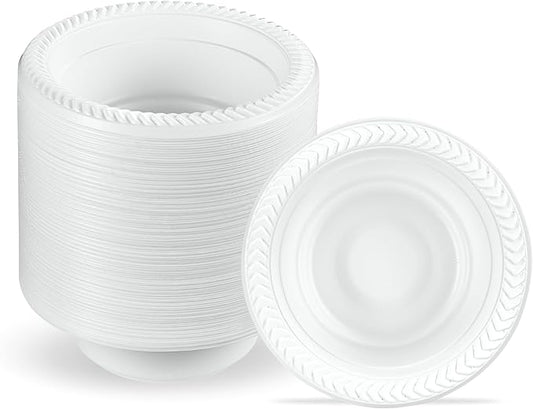 PLASTICPRO 100 PCS White Plastic Bowls 5 oz Premium Quality Light Weight Dishes Disposable Small Plastic Bowls for Dessert Appetizers Soups for Parties Weddings