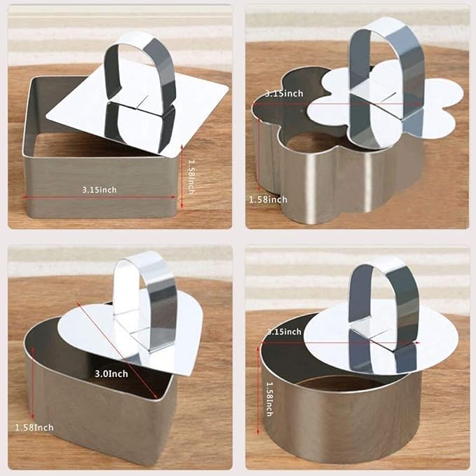 Stainless Steel 3D Cake Molds with Pusher Lifter Cooking Rings Set of 4,Baking Dish Bakeware Tools Cupcake Mold Mousse Ring Cheese Tools Salad Cake Dessert Mould(4 Different Shapes)