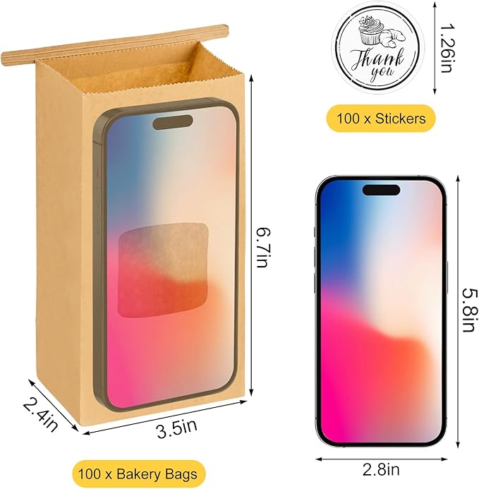 Ocmoiy 100Pcs Small Bakery Cookie Bags with Window, 3.5x2.36x6.7 Inch Tin Tie Tab Lock Kraft Paper Bags with Thank You Stickers for Cookie, Coffee, Bread