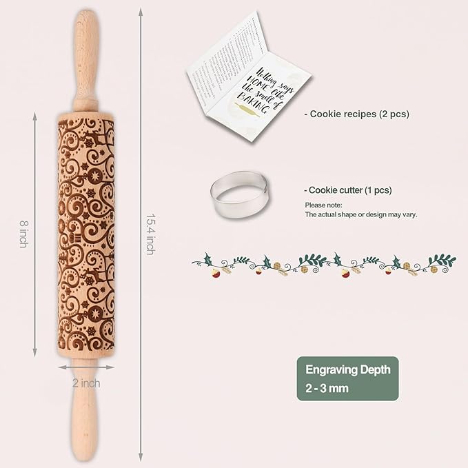 Floral Reindeer Embossed Rolling Pins for Cookies, Wooden Engraved Rolling Pin for Baking, Embossing Rolling Pin with Design, Patterned Rolling Pin Decorative Springerle Mold Stamp Clay Pattern Roller