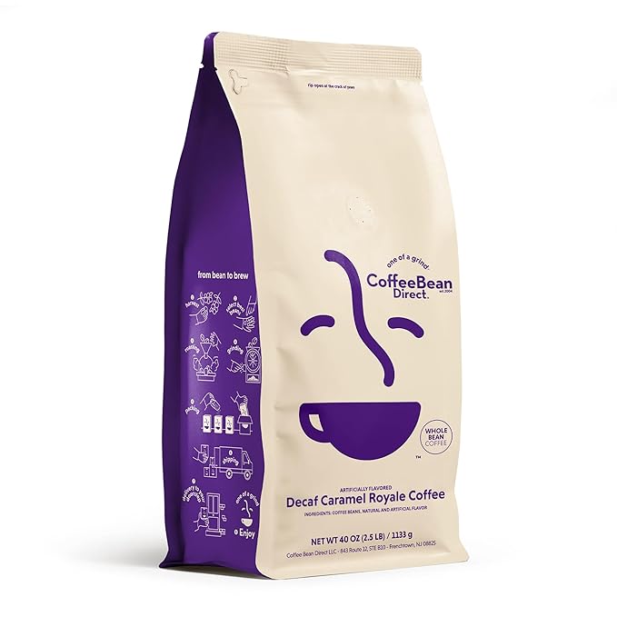 Coffee Bean Direct Decaf Caramel Royale Flavored, Whole Bean Coffee, 2.5 Pound Bag (Pack of 1)
