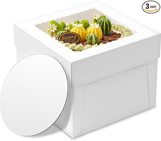 3pcs Cake Boxes, 10x10x8 Inch Cake Box With Viewing Window and Cake Board and Stickers, Tall Cake Box, Suitable for Birthday, Party, Wedding, Banquet