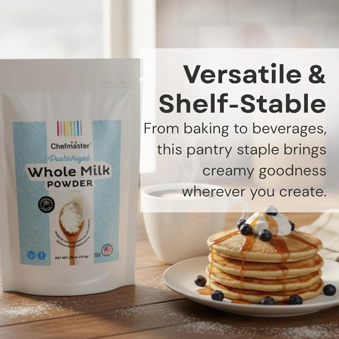 Whole Milk Powder by Chefmaster, Non-GMO & Pasteurized Dry Milk, Shelf-Stable for Baking, Cooking, Drinks, Travel & Camping, High in Calcium & Protein, Quality Crafted in USA, 20 oz