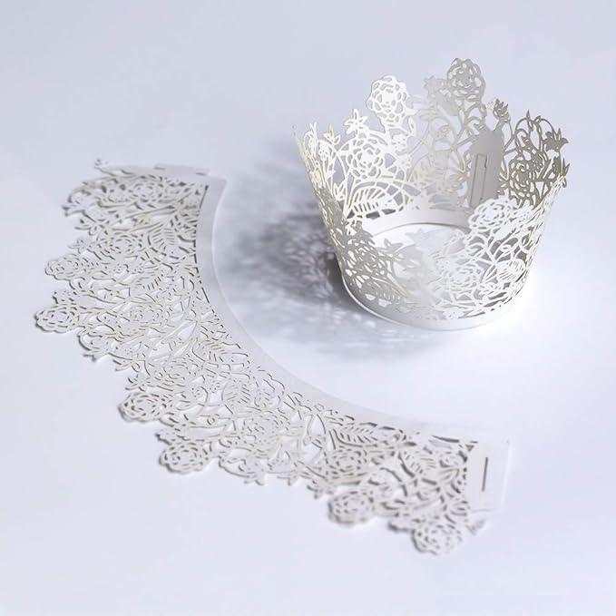 YOZATIA 60pcs White Rose Lace Cupcake Wrappers Holders, Laser Cut Cupcake Liners Decorative Liners for Wedding Party Birthday Cake Decoration Supplies