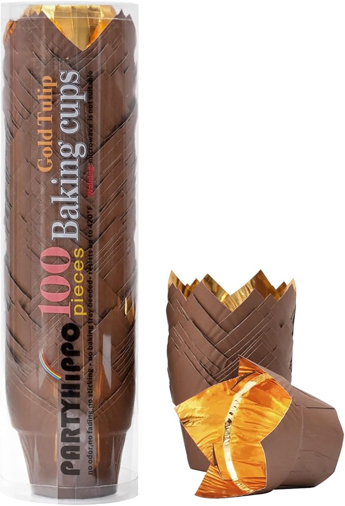 Party Hippo Gold Tulip Cupcake Liners 100 Pcs Baking Paper Cups Holders Greaseproof Muffin Cases Wrappers for Wedding Birthday Party Baby Shower (Coffee)