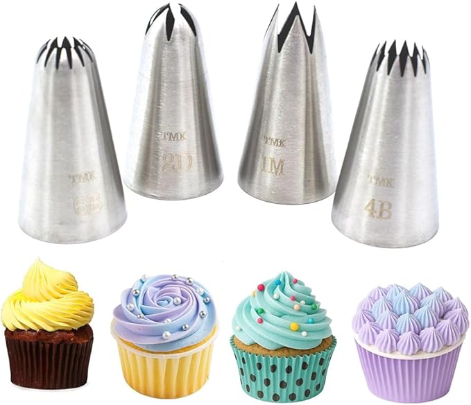 4 Pack Stainless Steel Seamless Piping Icing Tips 1M 2D 4B 6B, Large Piping Nozzle, Cake Decorating Tools for Cupcake Baker