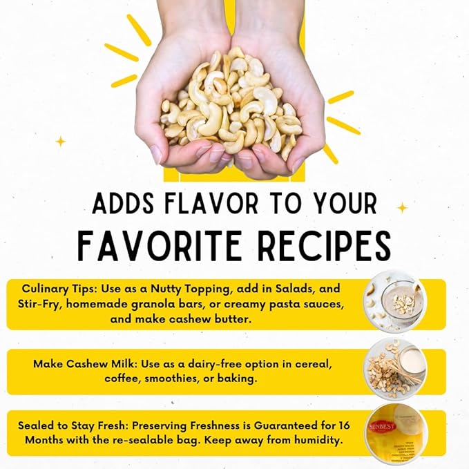 Sunbest Natural Raw Cashews – Large Cashew Pieces, 5 lb Bulk Bag (80 oz) – Unroasted & Unsalted Cashew Nuts – Fresh, Buttery Texture, Nutrient-Rich, Keto, Paleo, Vegan – Non-GMO, Gluten-Free, Kosher