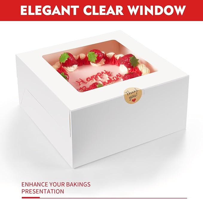 3 Pack Cake Boxes, 10x10x5 Inches Cake Boxes with Boards, White Square Bakery Boxes with Window, Disposable Cake Containers with Lids for Pastry Pie Cookies Chocolates Wedding Birthday Party