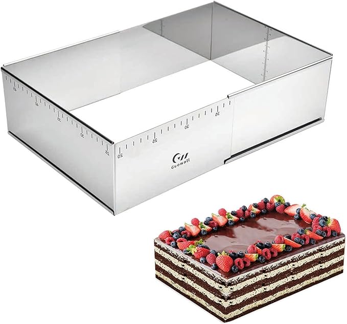 Guowall Rectangular Cake Ring Mold Extensible Pastry Mould Stainless Steel Adjustable Tiramisu Frame Big Size for Baking - (10-18) x (7.5-14) x 3.9 inch