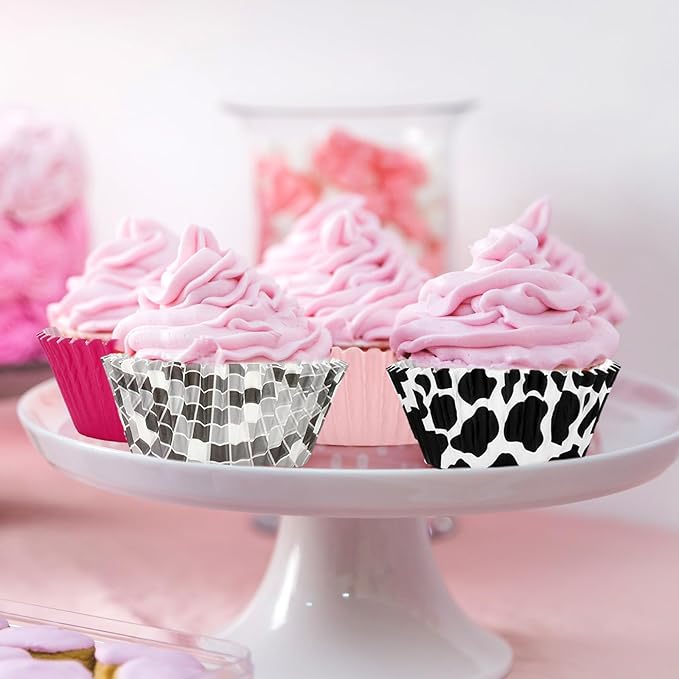 600Pcs Western Cowgirl Cupcake Liner Disco Ball Cow Print Pink Paper Baking Cup 4 Designs Muffin Liner Cake Storage Container for 80s 90s Party DIY Crafts Supplies