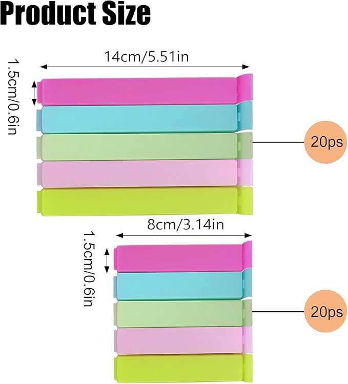 Zhtuck 40PCS Sealing Clip Bag Plastic Food Bag Clips Large Size Chip Clips Bag Clips Food Clips for Food Storage Kitchen and Home (5.5in x 20, 3.1in x20)