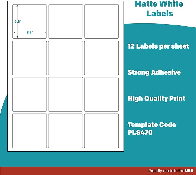 Premium Label Supply White Sticker Square Labels – 2.5" x 2.5" – Laser/Inkjet Compatible – (12 per Sheet), 500 Sheets – 6000 Total Adhesive Labels
