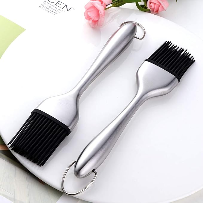 2 Pack Grill Basting Brush with 2 Pack Back Up Silicone Brush Heads, No Shed Bristles Stainless Steel Handles Heatproof Rust Resistant, Pastry Brushes for Kitchen Cooking BBQ, Dishwasher Safe Silver