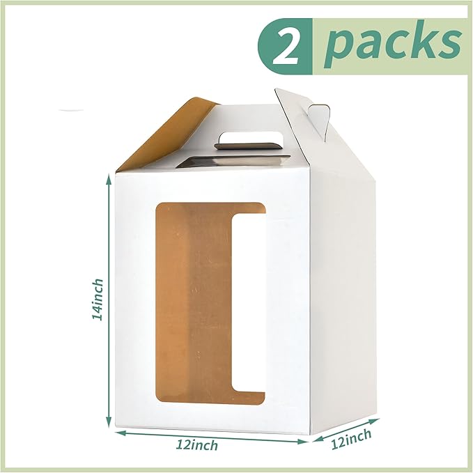 12x12x14 Inch Tall Cake Boxes with windows,10in 12in Tall Cake Carrier, Large Tiered Cake Box,Durable White Bakery Box, Layer Cake Box, large cake box(2pack)