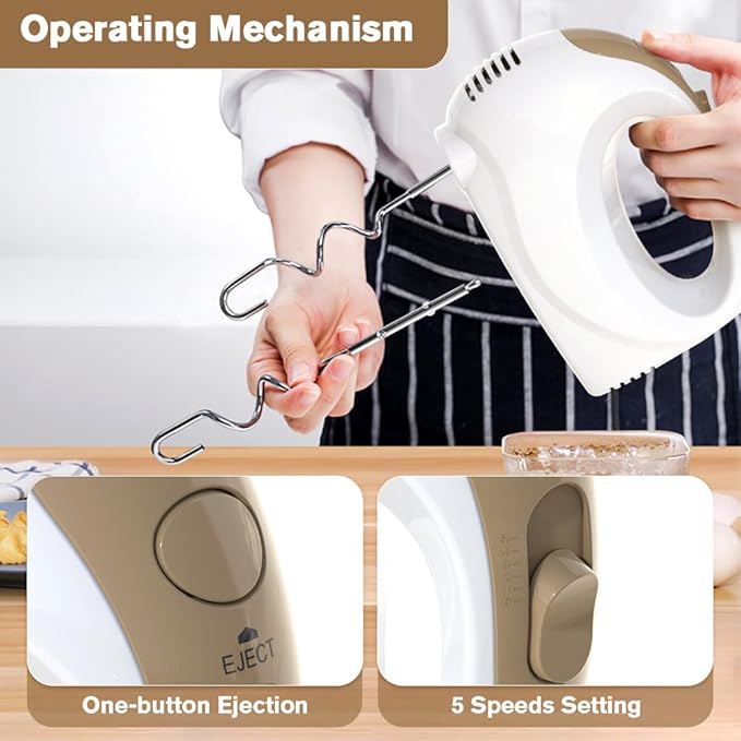 5-Speed Electric Hand Mixer with Whisk, Traditional Beaters, 120 Watts,Portable & Lightweight, Blending or Cooking, Brown