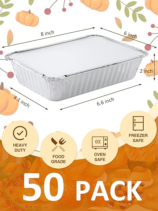 50 Pack 8x6 Disposable Aluminum Pans with Lids Aluminum-Foil-Pans-Tin-Foil-Baking-Pans-Tin-Trays-Food-To-Go-Containers-for-Meal-Prep-Cooking-Roasting-Heating-Takeout