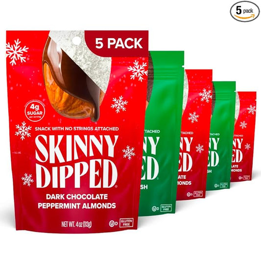 SkinnyDipped Peppermint and Mocha Splash Almonds Variety Pack Bundle, Healthy Snack, Plant Protein, Gluten Free, 3.5 oz Resealable Bags, Pack of 5, Limited Edition