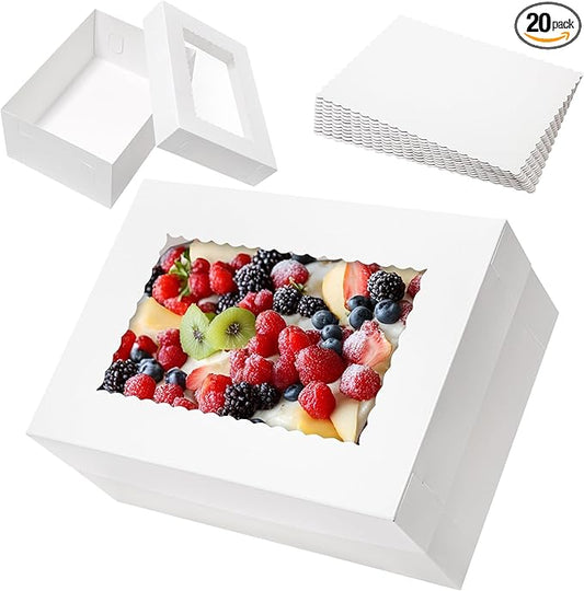 10pcs 14x10x6 Quarter Sheet Cake Boxes with 10 pcs Cake Boards - Rectangle Bakery Boxes with Window for Pastry Baking, Cupcakes, Donuts, Cookies, Pie Treat Packaging White Large