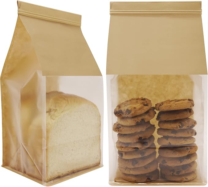 50Pcs 5.1x4.3x11 Inch Extra Thick Paper Bread Bags for Homemade with Window & Twist Wire - Ideal for Sourdough Bread, Bakery, Baked Goods, Pastry & Cookie Packaging, Brown Kraft, Flat Bottom