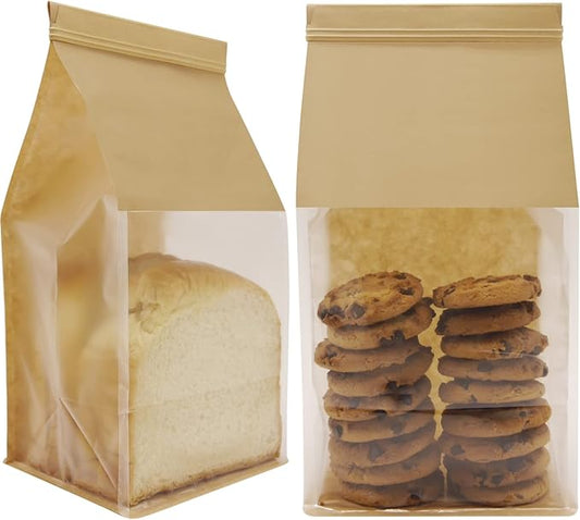 50Pcs 5.1x4.3x11 Inch Extra Thick Paper Bread Bags for Homemade with Window & Twist Wire - Ideal for Sourdough Bread, Bakery, Baked Goods, Pastry & Cookie Packaging, Brown Kraft, Flat Bottom