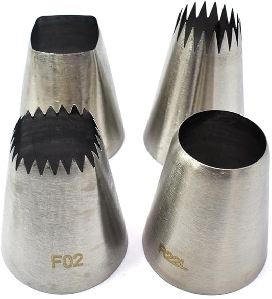 Large Piping Nozzles, 4Pcs #9FT #F02#F06#R22L Stainless Steel Seamless Icing Piping Nozzle Tip Set for Cupcakes and Baking