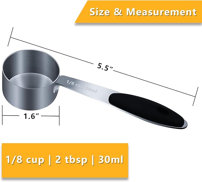 1PCS 1/8Cup (30ml, 1oz) Single Measuring Cup with Black Silicone Grip, Stainless Steel Individual Measure Scoop Only
