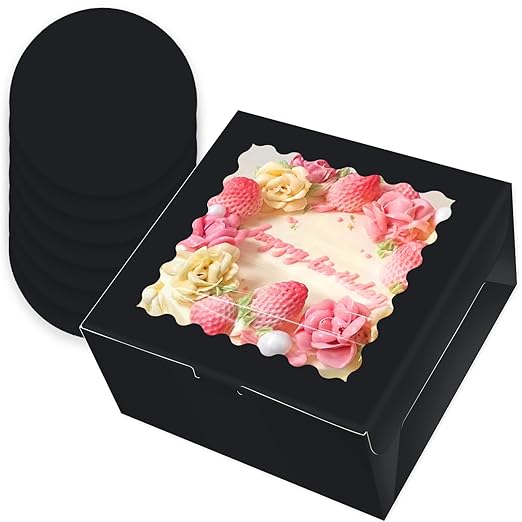 qiqee 10x10x5 Cake Box, 4 Sets Black Cake Box with Window ＆ 4 Sets 10" Black Cake Round Boards, 10inch Cake Containers
