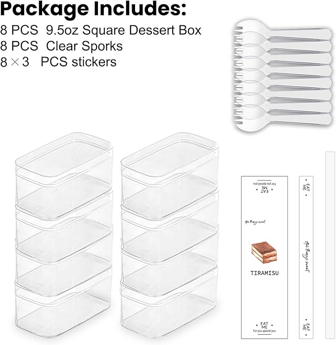 Plastic Rectangle Dessert Cups Boxes with Lids and Sporks,packaging for baked,Cookie Tiramisu Containers for Fruit,Pudding,Mousse,Parfait Cups With Lids(8, Rect 4.6*2.4*2 IN-Boxes+Sporks+stickers)
