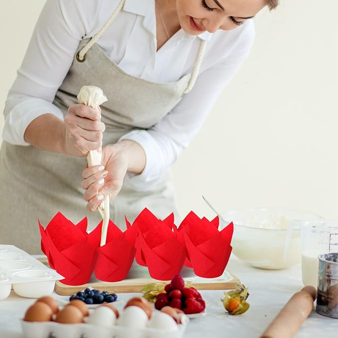Jutom 200 Pack Tulip Cupcake Liners Paper Baking Cups Greaseproof Muffin Liners Grease Resistant Cupcake Wrappers for Weddings Birthday Cake Balls Muffins Candy Jelly Party(Red)