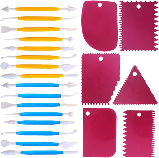 DaKuan Fabulous Cake Scraper Smoother and Fondant Kit - 6 Pcs Decorative Scrapers Polisher and 16 Pcs Modeling and Sculpting Tools