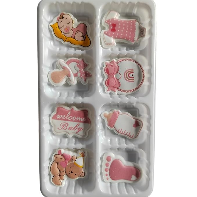 Edible 8pcs Pink Girls Baby Showers Themed Cake Decorations Dessert Sugar Sprinkles Party Cookie DIY Cake Cupcake Topper Icing Frosting Decoration Holiday Supplies
